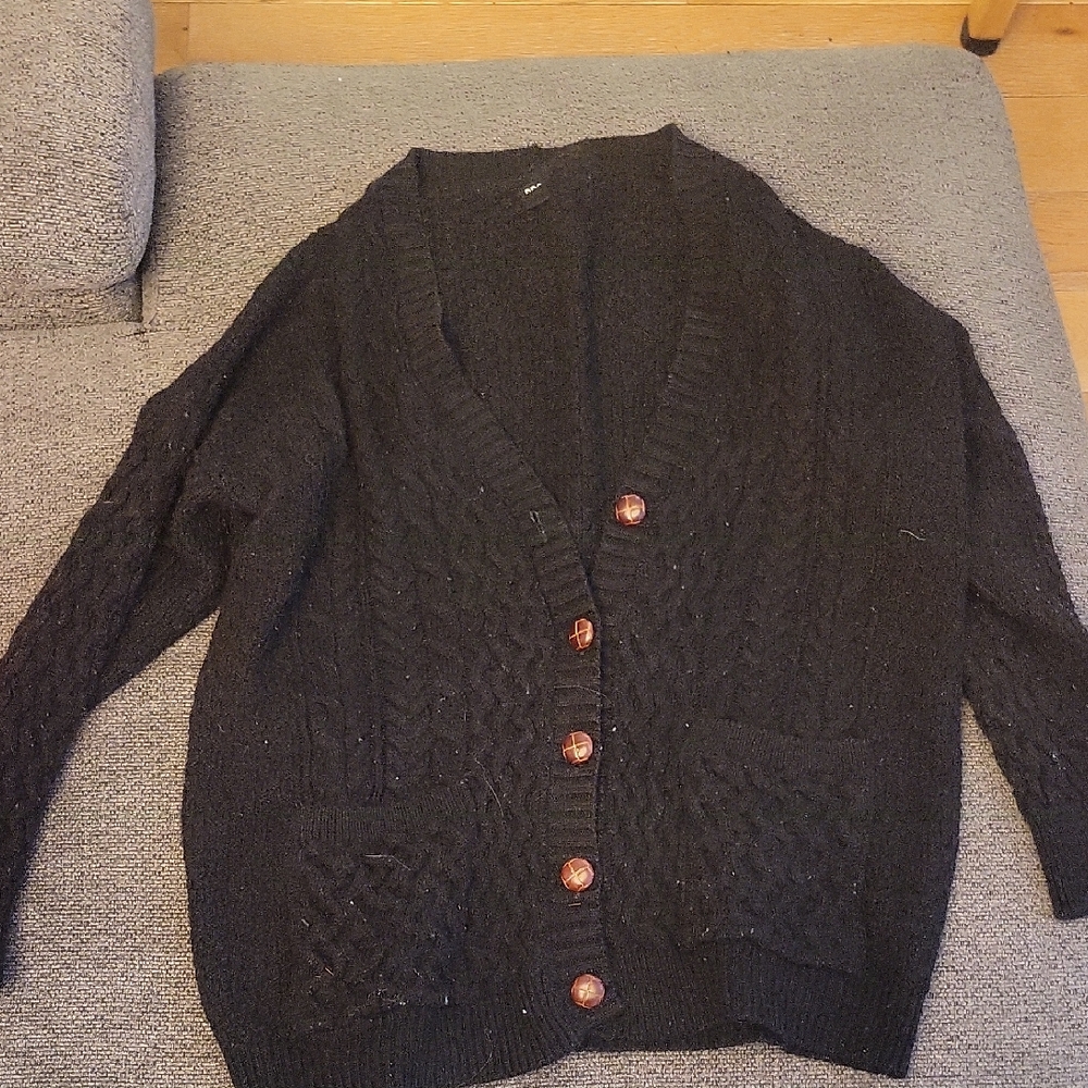 BDG Black Cable Knit Cardigan with Brown Buttons